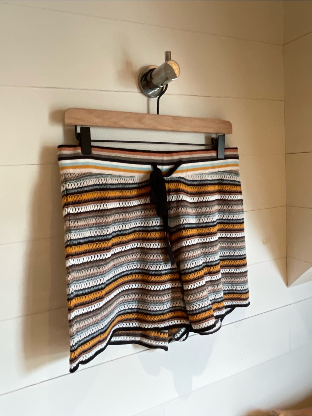 Lisa Todd Striped Knit Beach Shorts in Black, White, Mustard & Brown